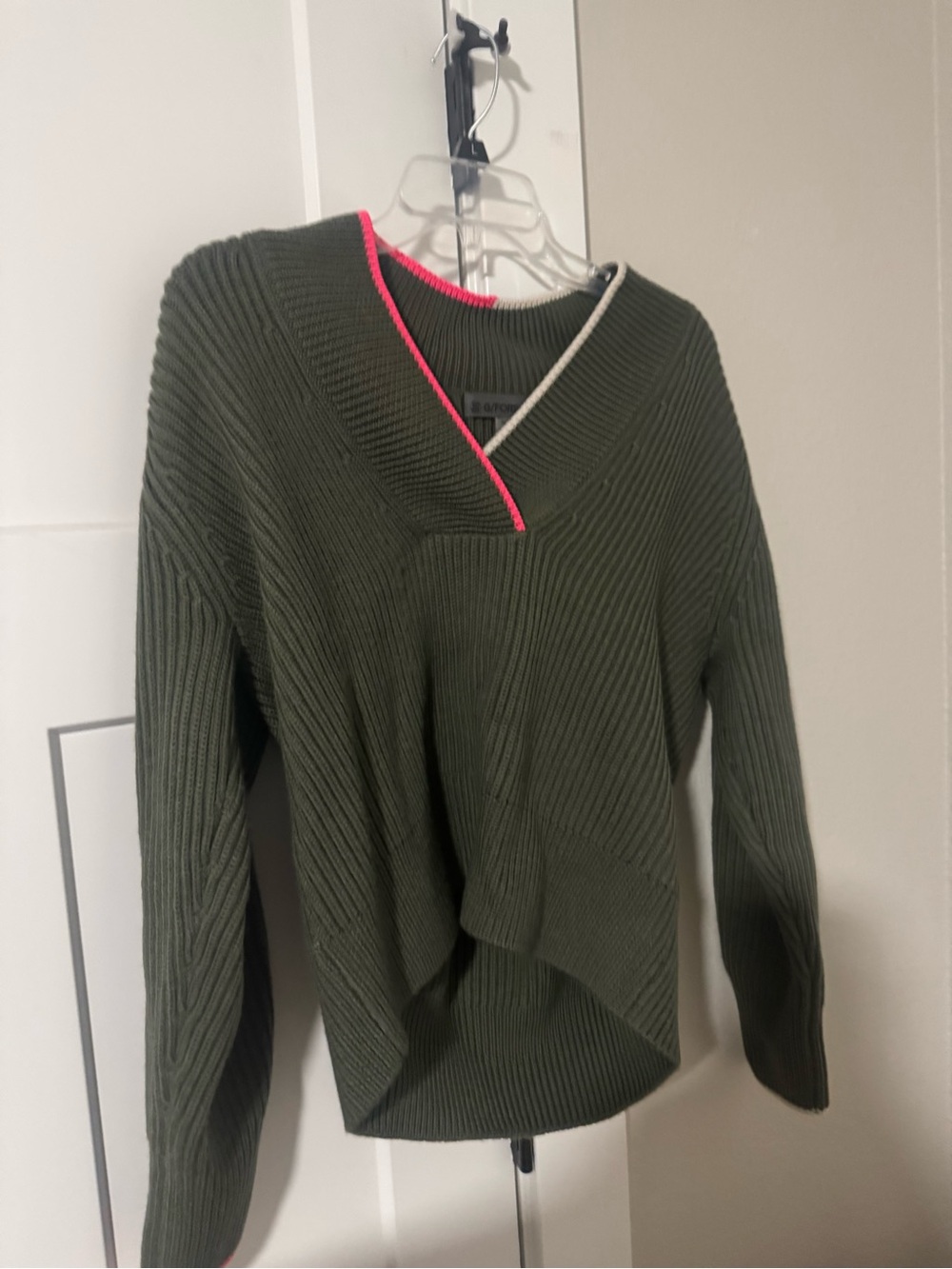 G/FORE Olive Green V-Neck Sweater with Neon Pink and White Trim